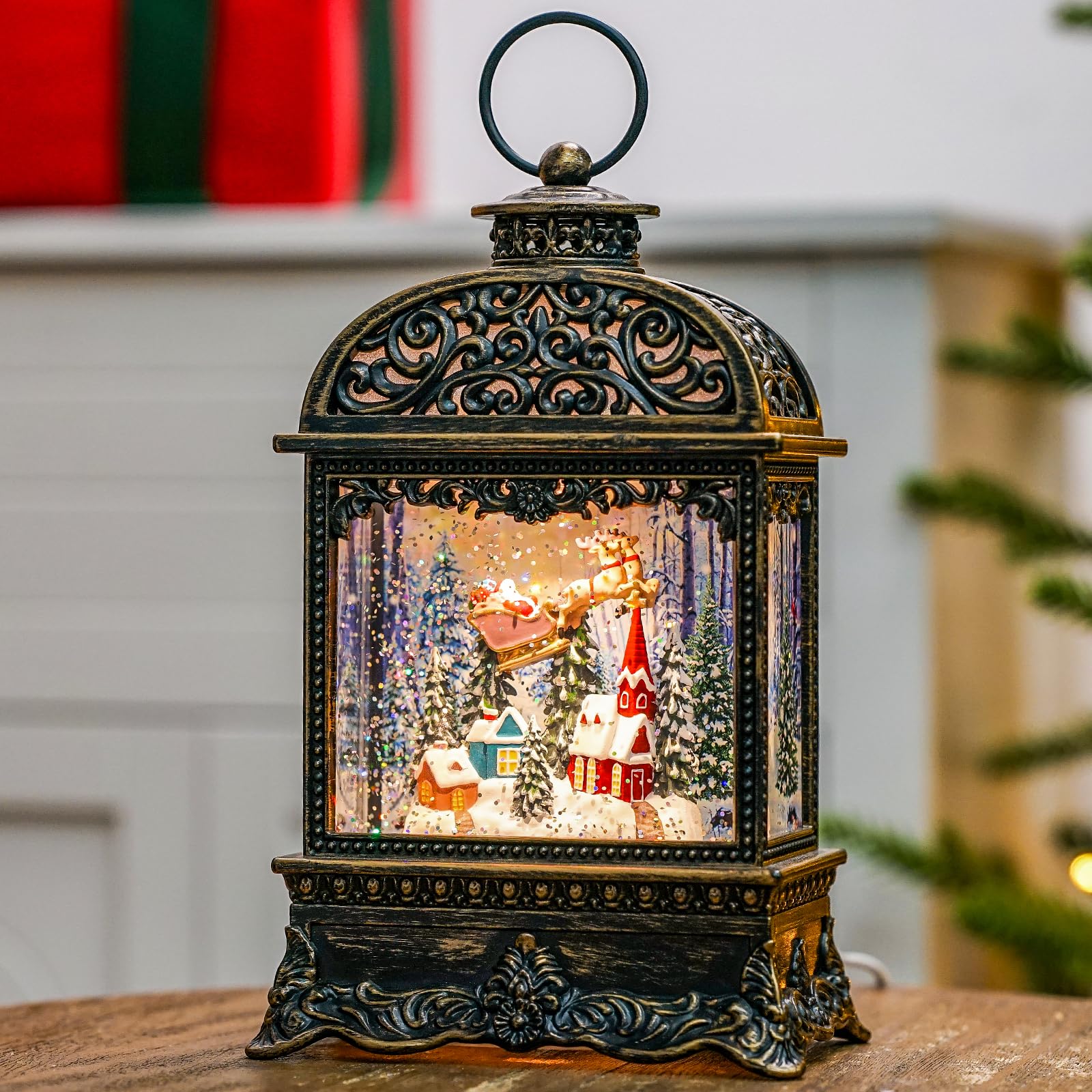 Photo 1 of Christmas Village Snow Globe Lighted Flying Santa Scene, Musical Snow Water Lantern Swirling Glittering Home Decoration and Gift, Battery Operated or USB Powered