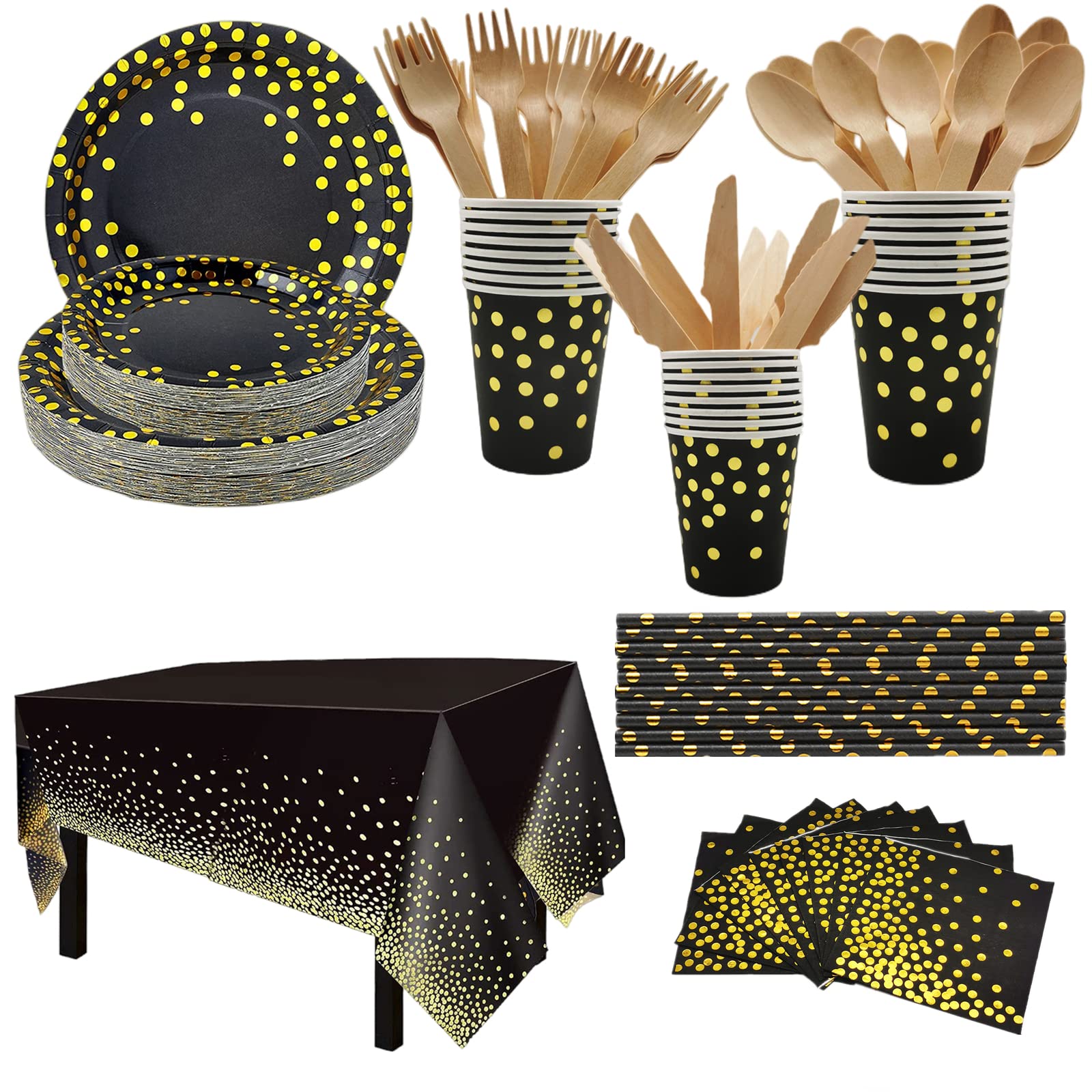 CEILIWEN Black and Gold Party Tableware, 201PCS Black and Gold Party Supplies Set, Paper Tableware Set, Party Dinnerware Set Includes Black Paper Plates, Cup, Straw, Tablecloth, Napkin, Cutlery