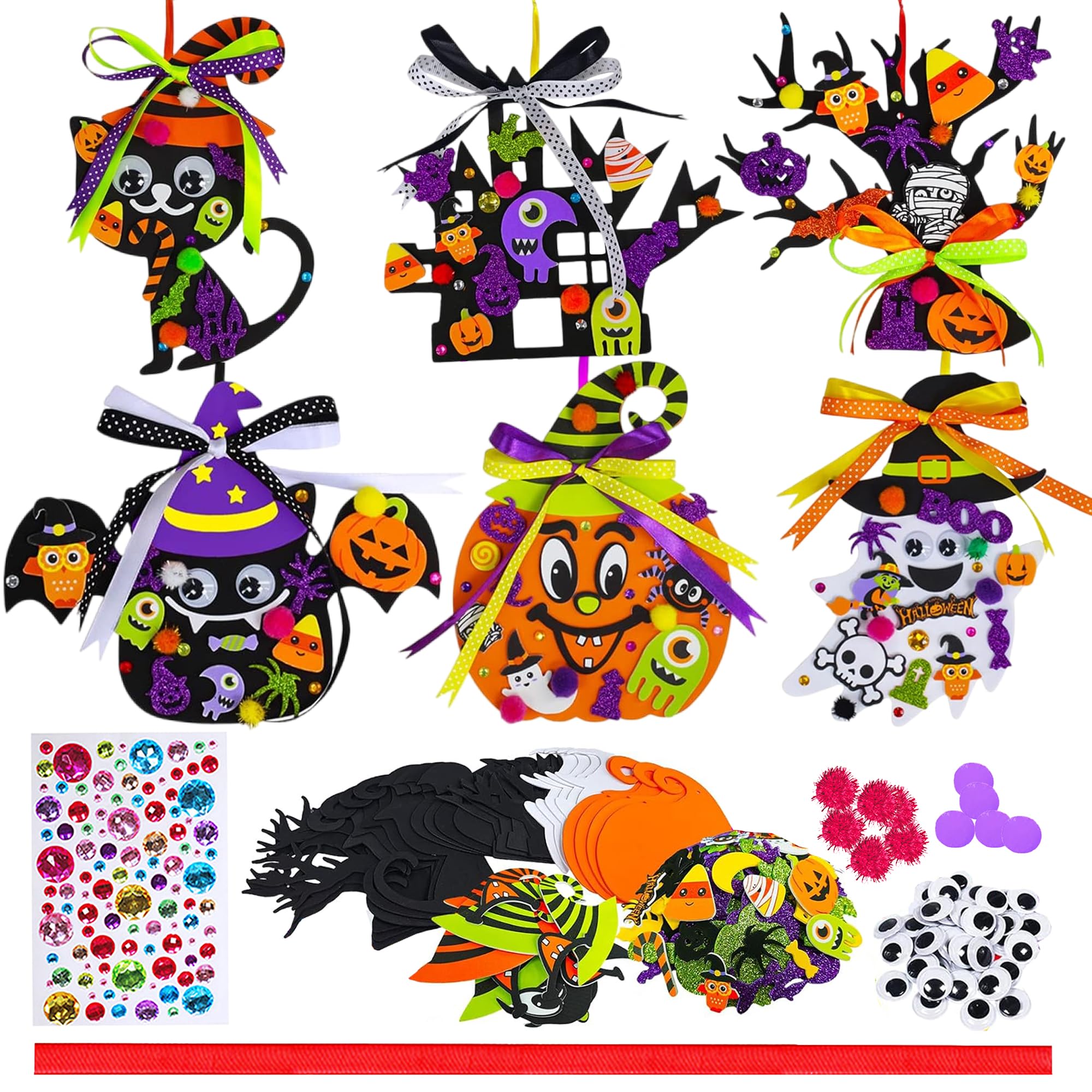 SUPJADE 12Pcs Halloween Wreath Crafts for Kids Halloween Party Decoration Bat Ghost Ornaments DIY Art Craft for Boys Girls Haunted House Supply