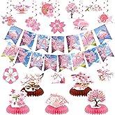 Cherry Blossom Party Decorations Cherry Blossom Birthday Party Decor Supplies Includes Happy Birthday Banner Japanese Hanging Swirls for Wedding Bridal Baby Shower Decorations