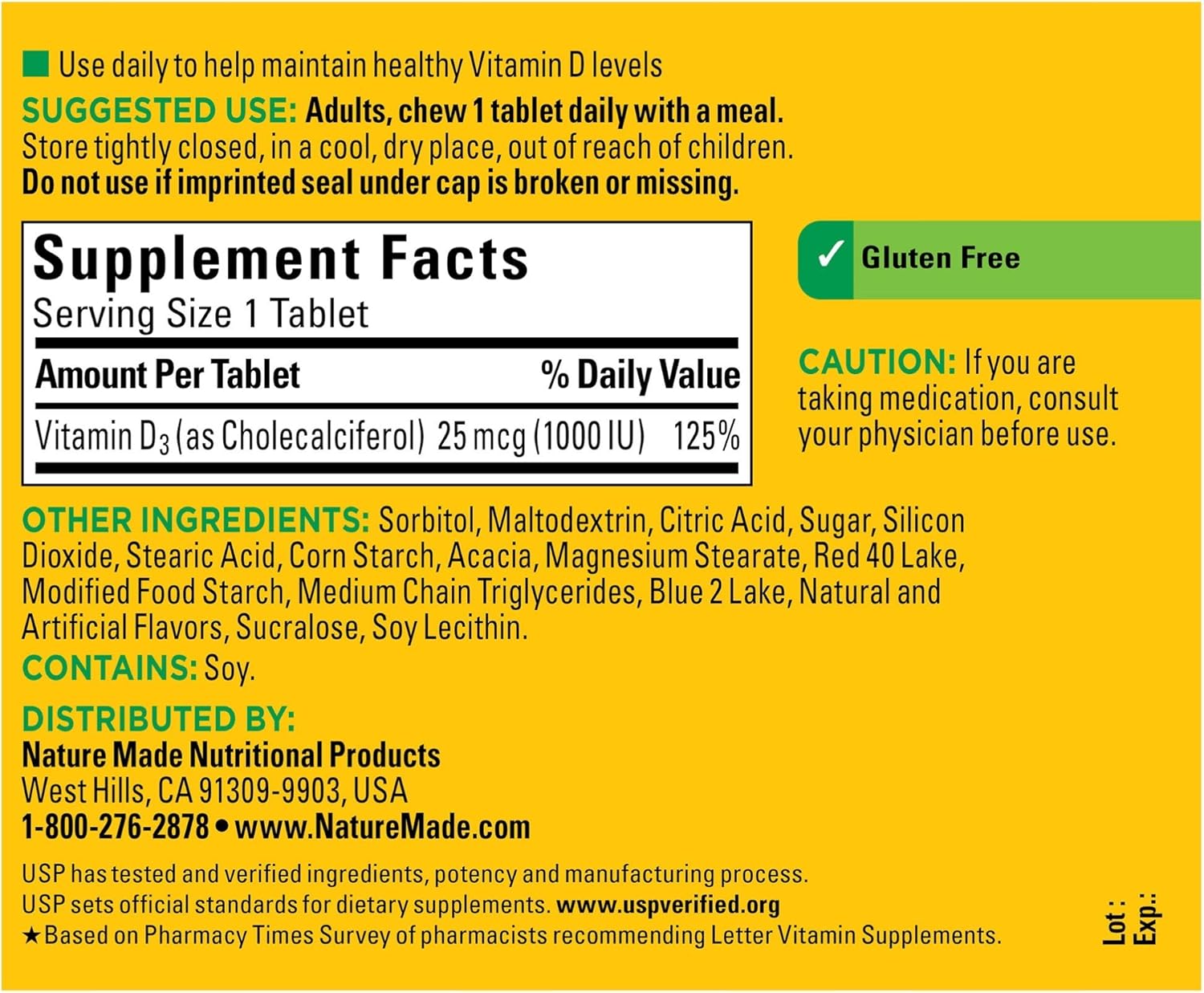 Nature Made Vitamin D3 1000 IU (25mcg) Chewable Tablets, 120 Count for Bone Health† (Packaging May Vary): Health & Personal Care
