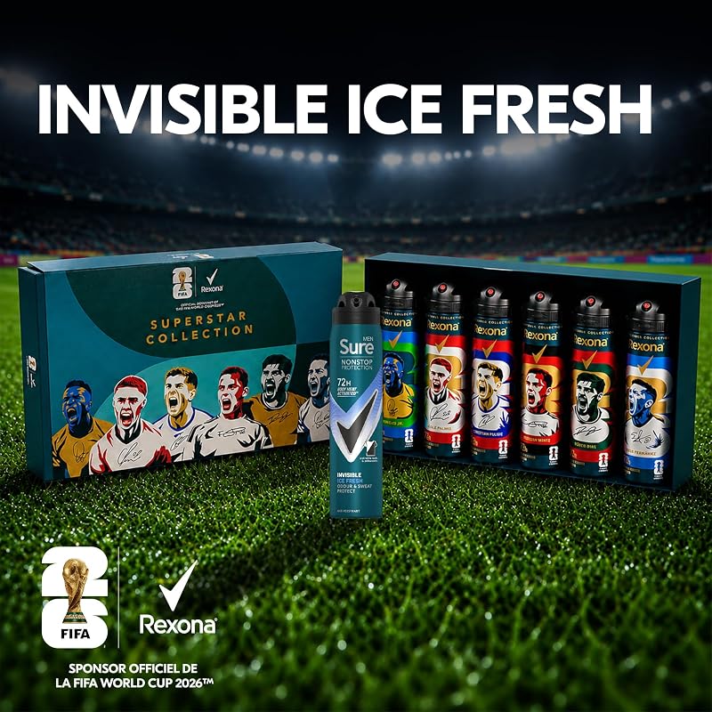 Coffret FIFA World Cup 2026TM Superstar Collection, Déodorants Spray Anti-transpirants Homme, Protection 72H Contre Transpiration & Odeurs, Idée Cadeau pour Fan, Invisible Ice Fresh, 6 x 150ml