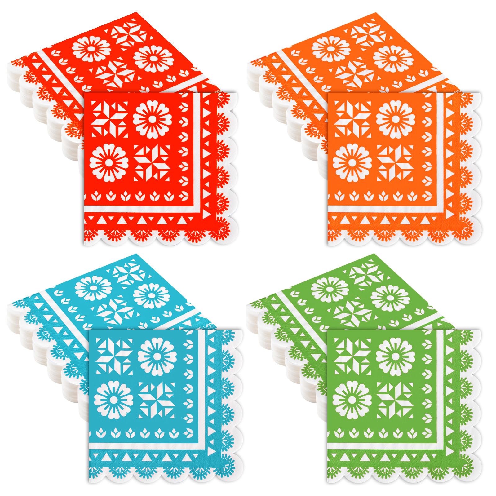 Photo 1 of 100 Pack Mexican Paper Napkins Fiesta Disposable Cocktail Napkins Papel Picado Decorative Scalloped Napkin for Cinco De Mayo Mexican Fiesta Table Decor Party Supplies