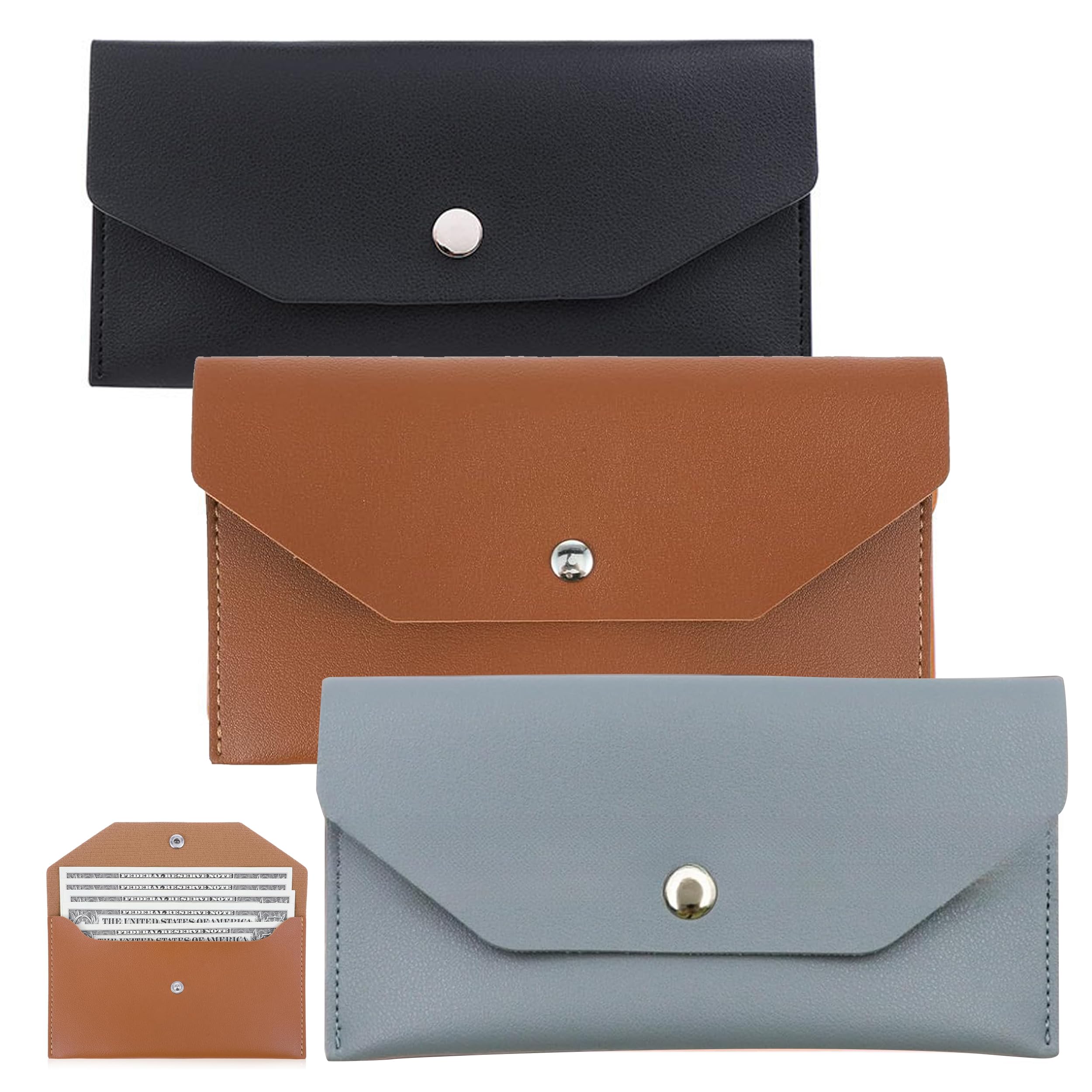 PU Leather Cash Envelope Wallet - 3PCS Reusable Waterproof Money Envelopes for Women Men Bank (Black/Brown/Blue)