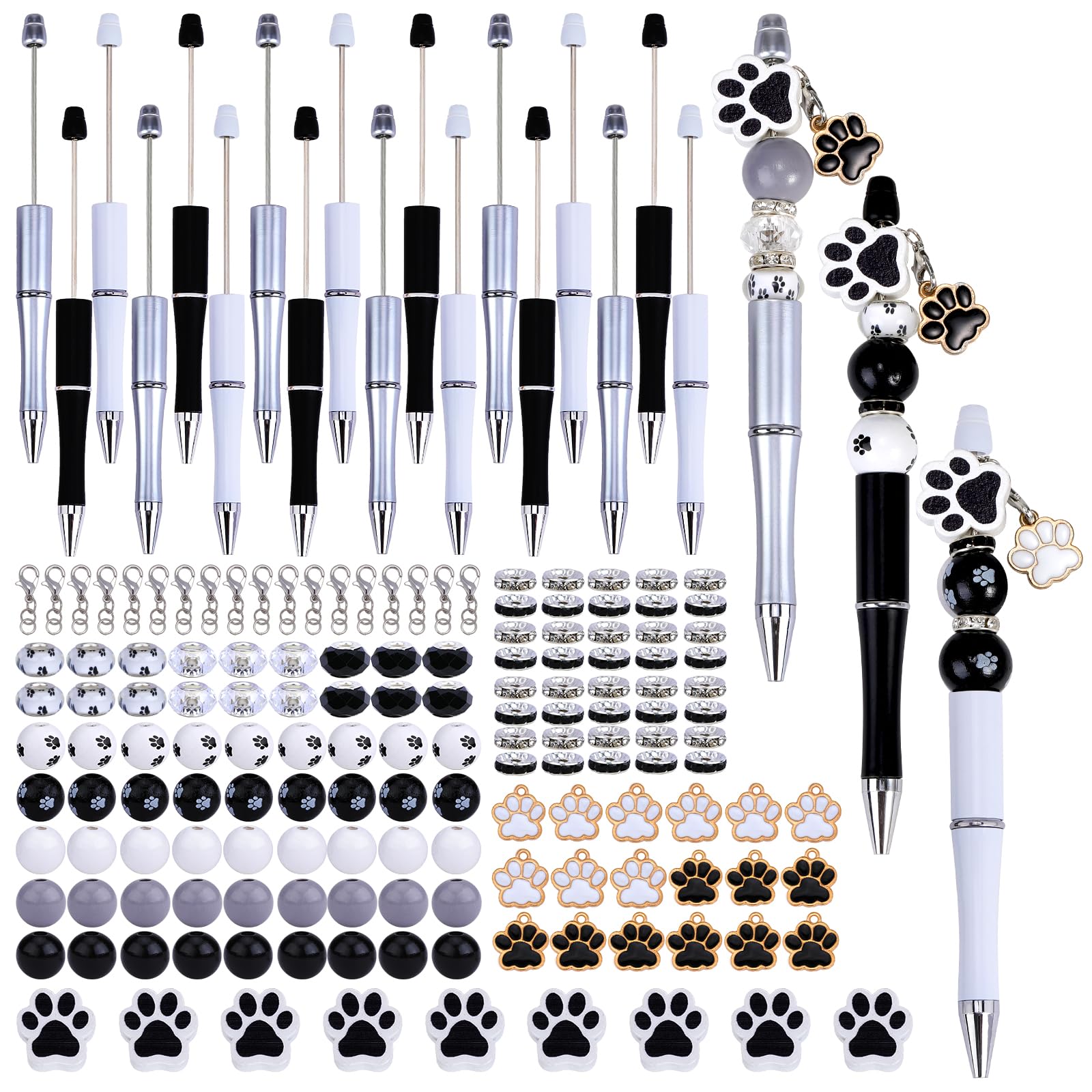 WewaySmile 18 Set DIY Beaded Pens, 54 Wooden, 36 Crystal Spacer, 30 Glass Beads, 18pcs Lobster Clasp and Dog Paw Pendants