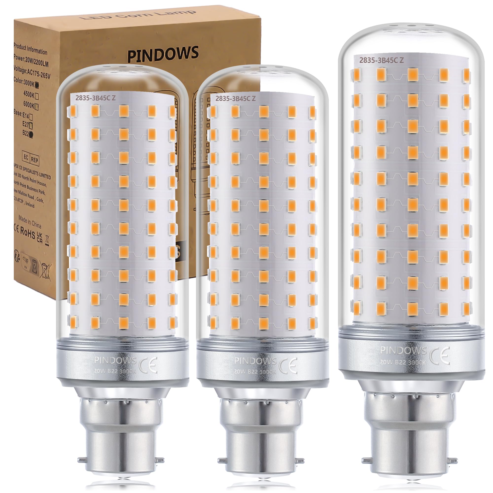PINDOWS 20W LED Bulbs B22 Warm White 3000K,LED Light Bulbs LED Corn Bulbs 200W Incandescent Bulbs Equivalent,High Bright 2200LM Can Replace 150W~200W Incandescent Light,CRI 85,Non-Dimmable,3-Pack