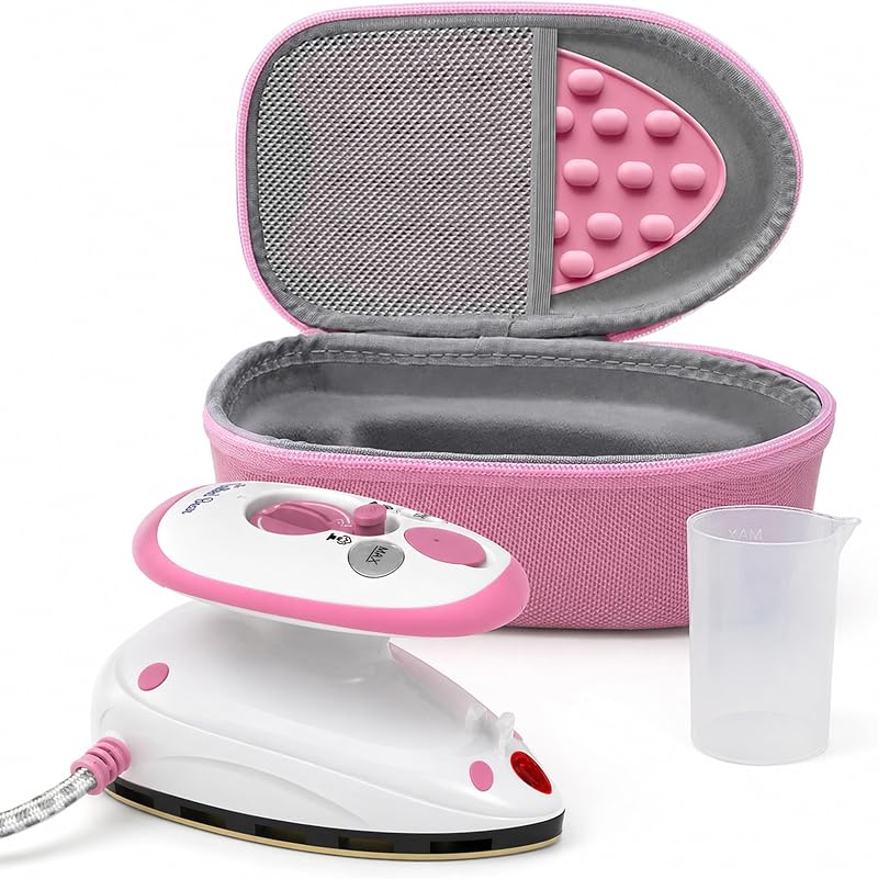 The Quilted Bear Premium Mini Steam Iron Pink with Hard Shell Case and Rest