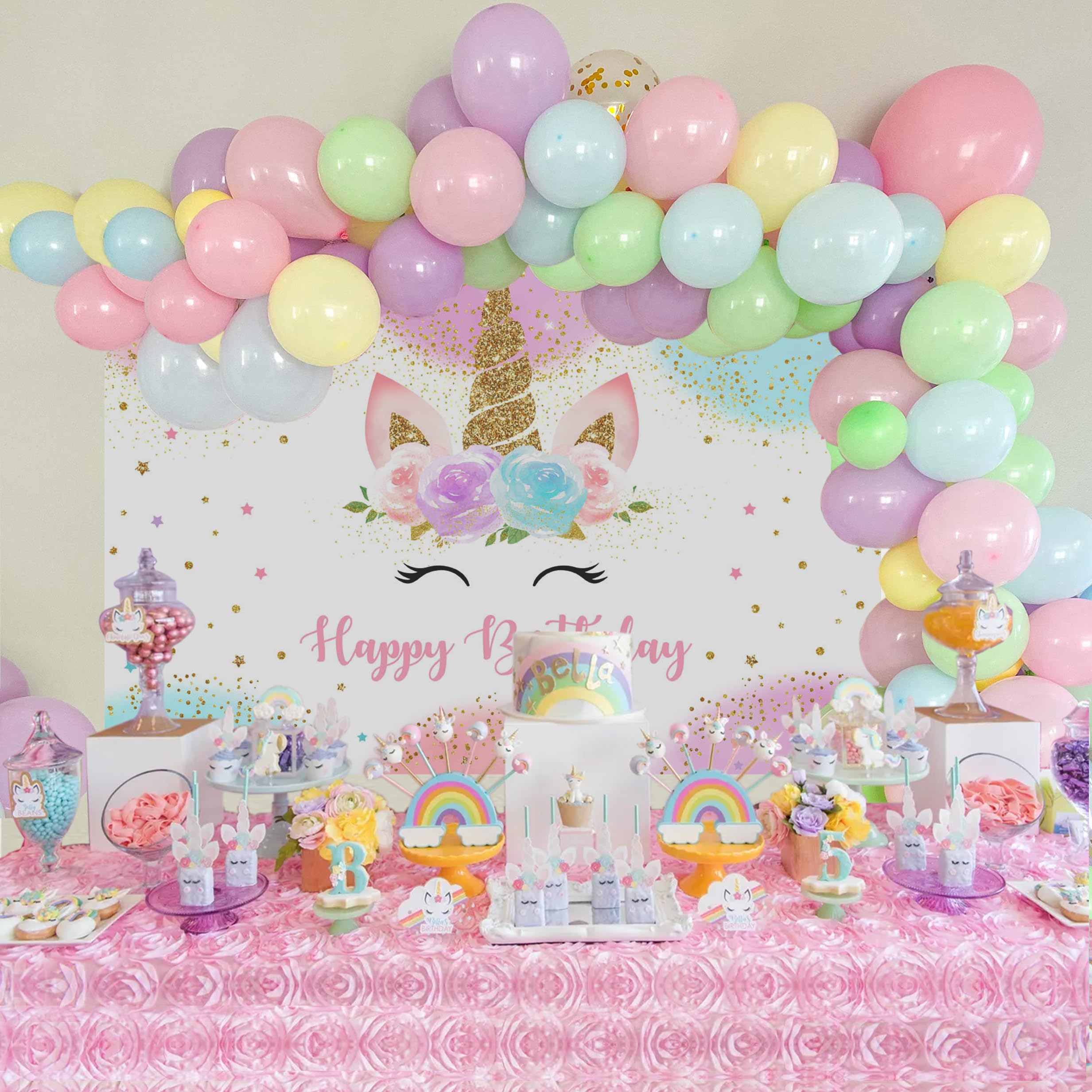 Mocsicka Unicorn Birthday Decorations Backdrop for Girls Party 5x3ft Pastel Rainbow Glitter Stars Dots Happy Birthday Banner Photo Booth Props