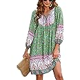Bluetime Women Casual Summer Dress Boho V Neck 3/4 Sleeve Babydoll Floral Print Flowy Beach Dress