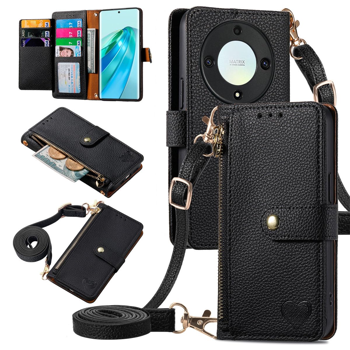 MOJIA Flip Case For Honor Magic5 Lite 5G (Magic 5 Lite) / X9a, Leather Zipper Flip Wallet Case Cover [with Shoulder Belt], Card Holder Multifunctional Anti-fall Phone Shell. Black — image 1