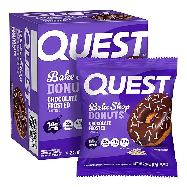 QUEST NUTRITION BAKE SHOP, CHOCOLATE FROSTED DONUTS, 14G PROTEIN, LESS THAN 1G SUGAR, PROTEIN SNACK, LOW SUGAR, 4 COUNT