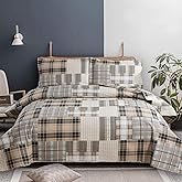 Plaid Bedding Quilt Set Full/Queen Lightweight Patchwork Bedspread Breathable Microfiber Geometric Coverlet Brown Grey Buffalo Check Bed Cover Classic Plaid Quilts