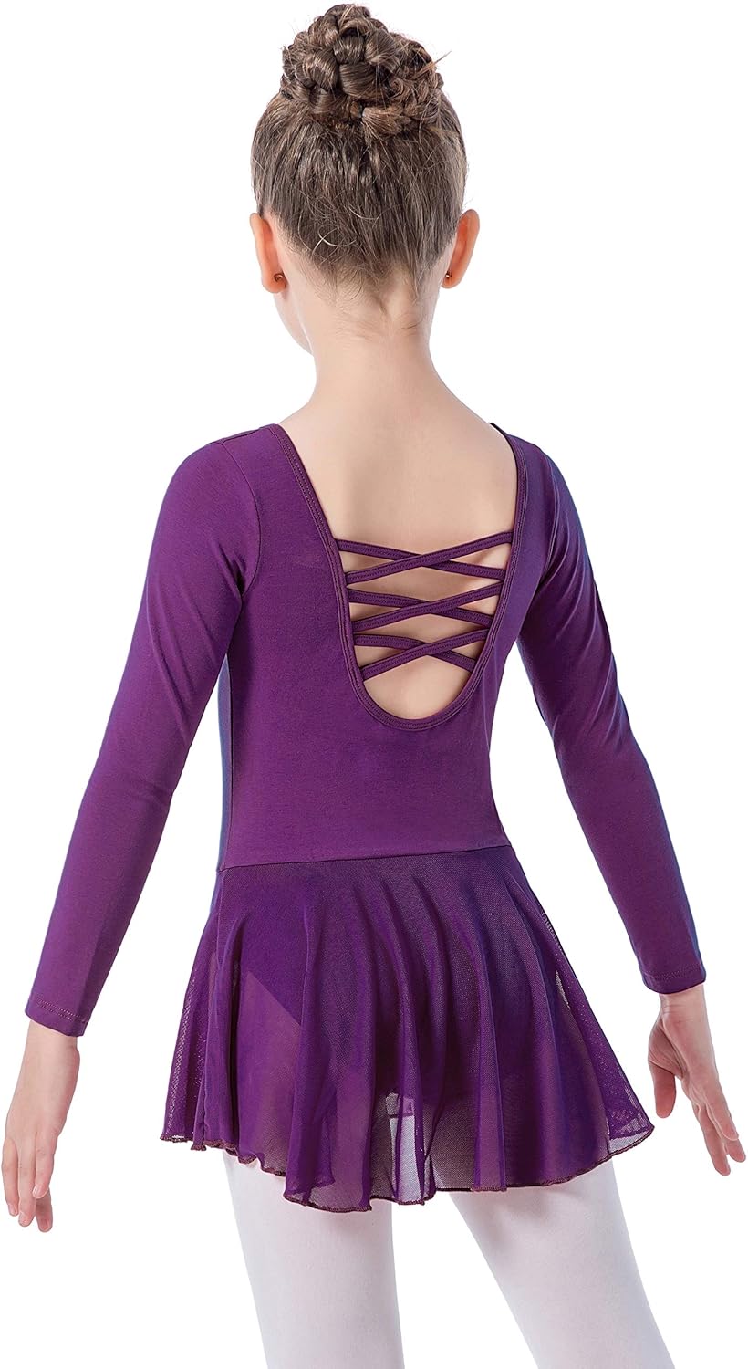 Girls Long Sleeve Dance Ballet Leotard Dress with Graceful Cross Back & Attached Skirt: Clothing