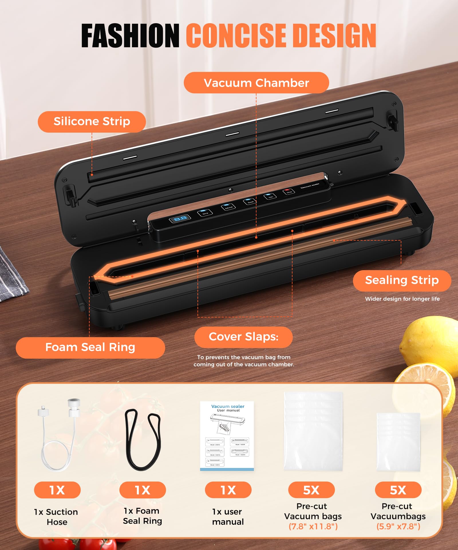 75kPa Compact Vacuum Sealer Machine For Food, 6-in-1 Sous Vide Vacuum Sealing Machine with Starter Kits, External Sliding Blade, Digital Countdown Timer, Silver