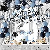 21st Birthday Decorations, Dusty Blue 21 Birthday Decorations for Boys Girls, Blue Sliver Black Birthday Party Decor with Happy Birthday Banner, Number Balloons, Foil Balloons, Swirl