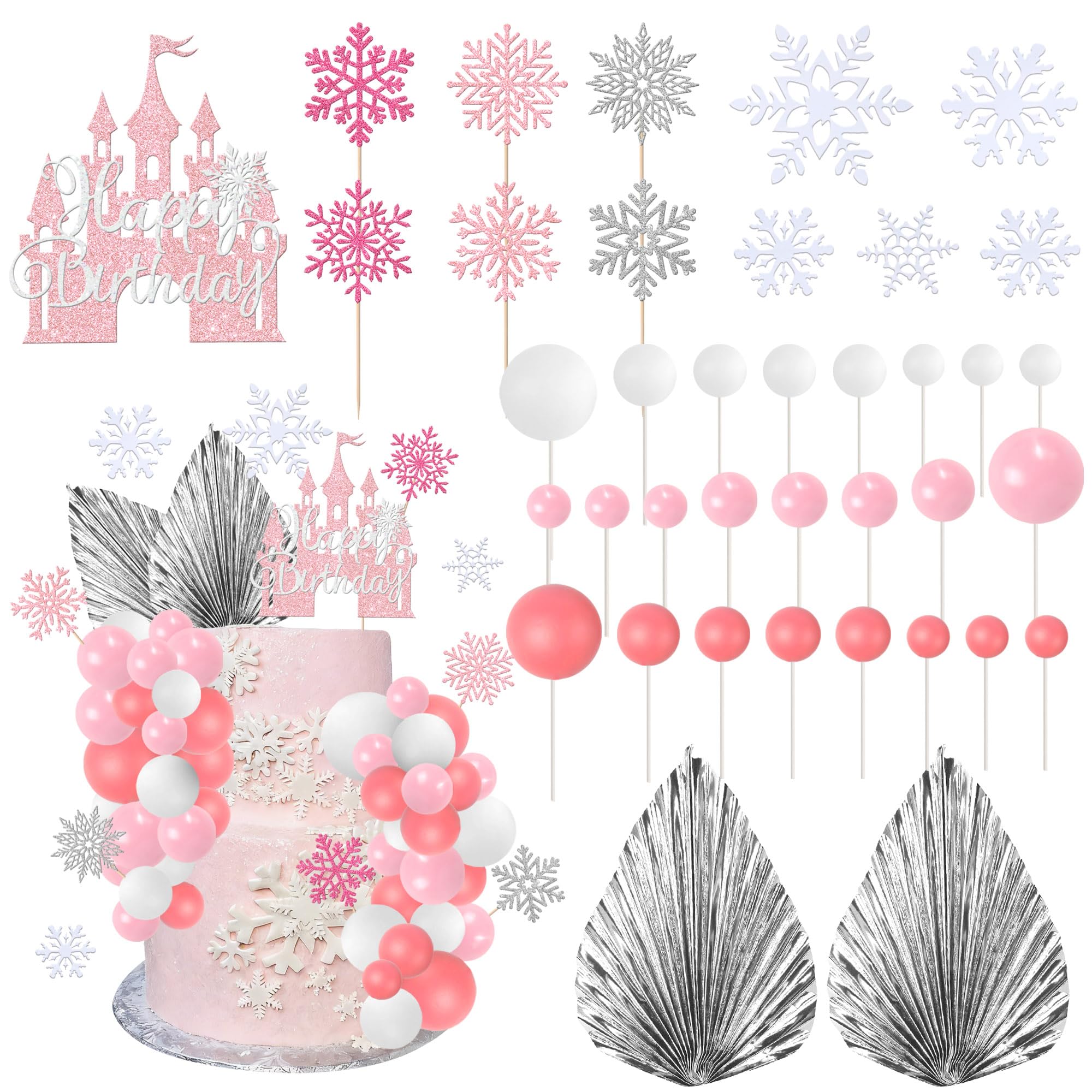 SYKYCTCY 53 Pack Snowflake Cake Toppers Paper Palm Fan Castle Happy Birthday Cake Toppers Ball Cake Decoration for Winter Frozen Snowflake Theme Party Cake Decorations Supplies