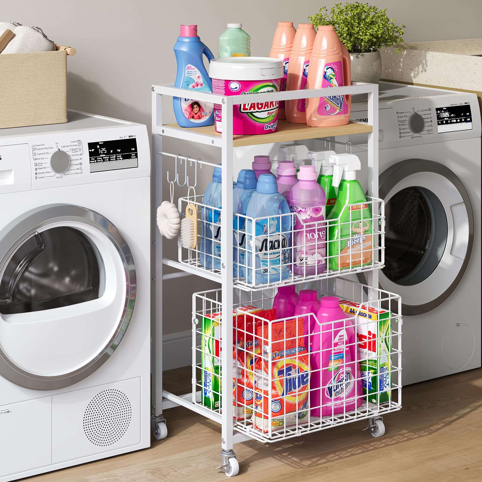 Photo 1 of Huxitocan 3 Tier Laundry Room Cart with Pull-Out Baskets, Utility Cart Rolling Storage Cart with Wheels Bathroom Organizers Storage Shelf with Wood Top Laundry Room Organization and Storage, White