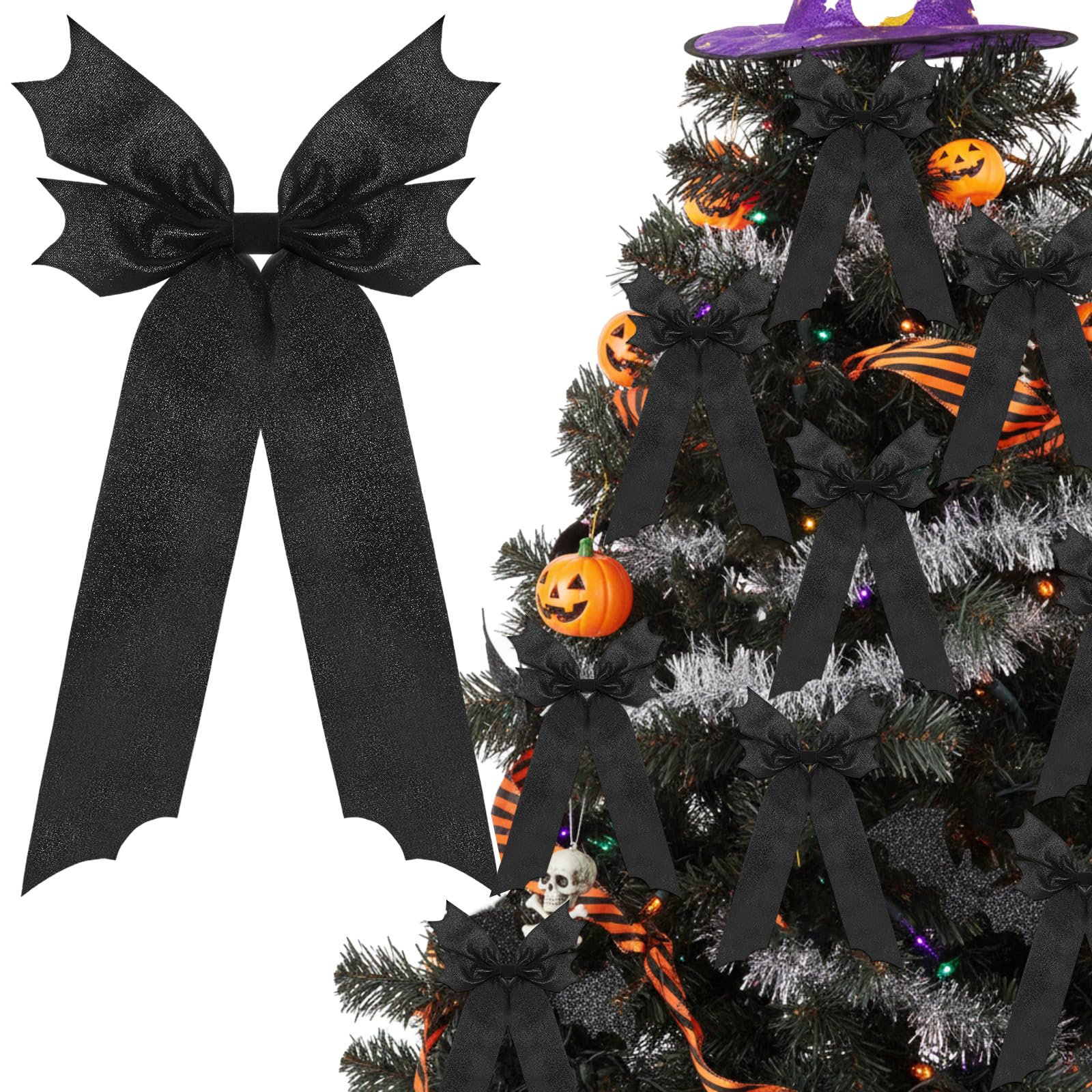 Photo 1 of Suncalla 12 Pcs Halloween Bow Tree Decoration Large Black Velvet Bat Twist Tie Bow 7.87" x 10" Christmas Front Door Wreath Ornaments Gothic Spooky Halloween Party Table Candlestick Gift Wrapping Decor