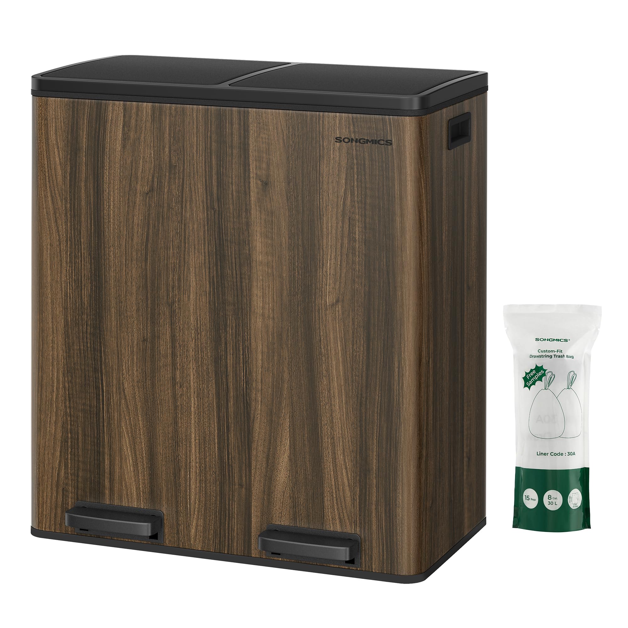 SONGMICS Trash Can, 2 x 8-Gallon Garbage Can for Kitchen, with 15 Trash Bags, 2 Compartments, Plastic Inner Buckets and Hinged Lids, Airtight, Dark Walnut ULTB060N02V1 Image