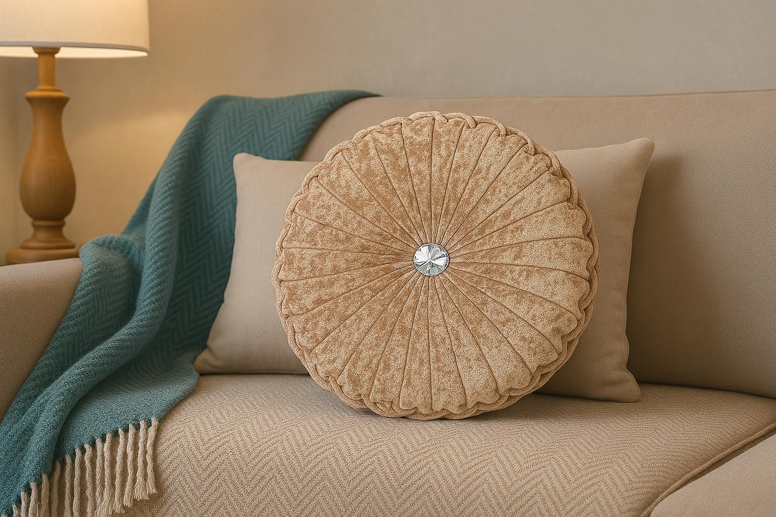 Mehar Bedding Crushed Velvet Round Cushion Filled Small/Large Diamond Stitched (Beige, 35 x 35 cm 14" x 14")