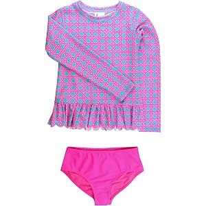 RuffleButts Girls Tween Long Sleeve Rash Guard 2-Piece Swimsuit - Bikini | 80% Nylon 20% Spandex, UPF 50+, 4-Way Stretch, Pil