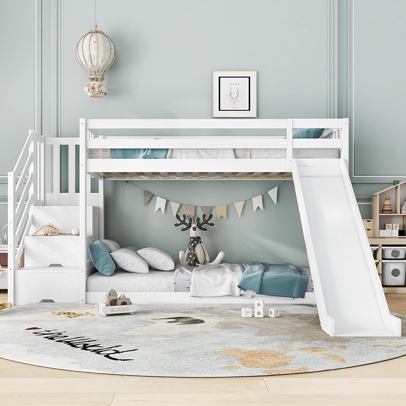 BTM Children's Bunk Bed Frame 3FT with Ladder & Slide, Storage Steps
