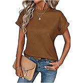 SweatyRocks Women's Waffle Knit Tops Short Sleeve Round Neck Loose Fit T Shirts Casual Work Blouse