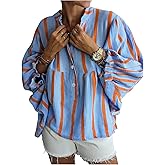 SOLY HUX Women's Striped Blouse Summer V Neck Puff Long Sleeve Babydoll Tops Casual Loose Fit Shirts