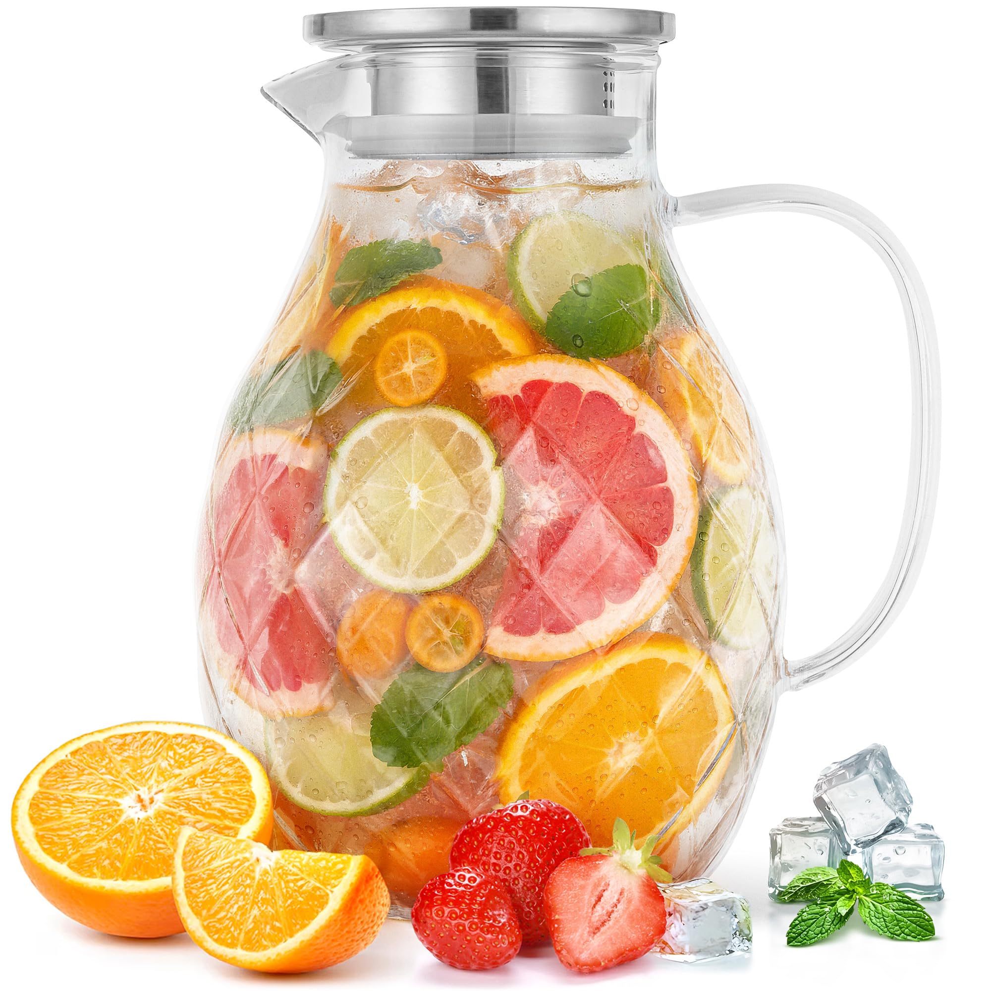 Premium Borosilicate Glass Pitcher with Lid and Spout - 2 Litre / 68 oz - Borosilicate Glass with Handle - Carafe for Hot/Cold Beverages - Water Jug - Iced Tea Pitcher - Juice Server