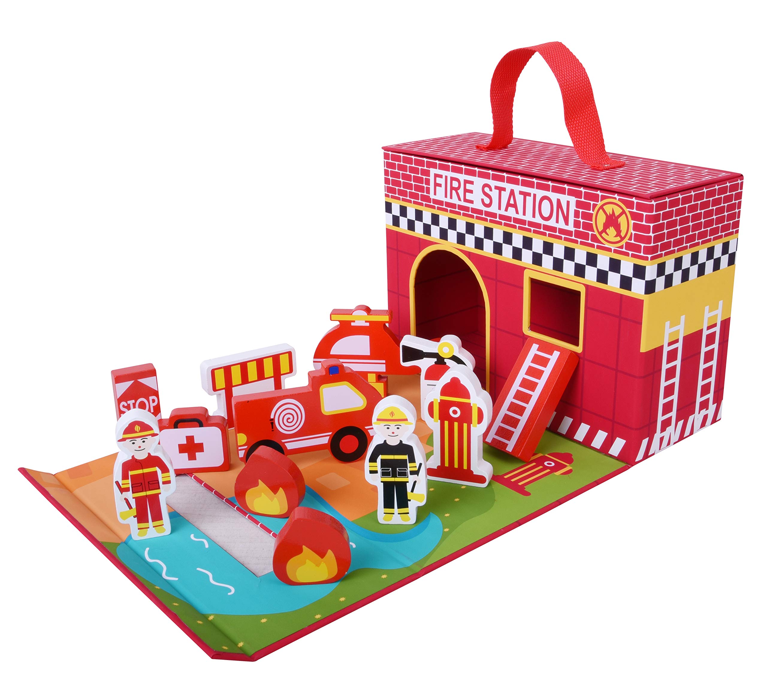 jumini Foldaway Fire Station Wooden fire Station, red, Portable
