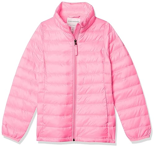 Amazon Essentials Girls' Lightweight Water-Resistant Packable Mock Puffer Jacket, Neon Pink, Large