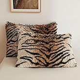 XeGe Tiger Print Faux Fur Fluffy Pillowcases, Plush Shaggy Soft Long Pillow Covers, Fuzzy Decorative Pillow Cases, Furry Pillow Shams for Bed Couch Zipper Closure, 2 Pack(Standard, Tiger Print Brown)