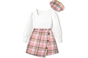 AGAPENG Girl Skirt Sets 3 Piece Outfits Square Neck Jacquard Puff Sleeve Tops Plaid Mini Skirt Shorts Fall Winter Clothes