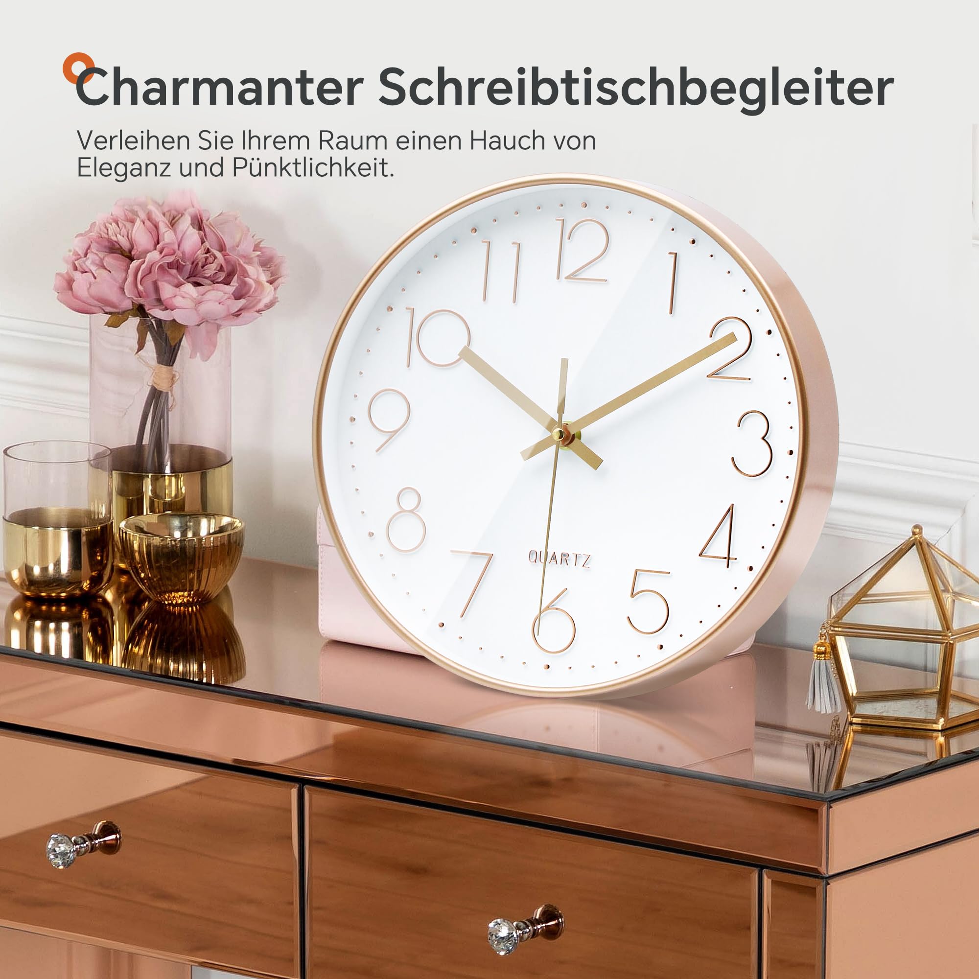 VIKMARI Modern Wanduhr Rund Roségold Geräuschlos Batteriebetrieben Glas Wanduhr für Wohnzimmer Schlafzimmer Büro Küche, 25cm 7