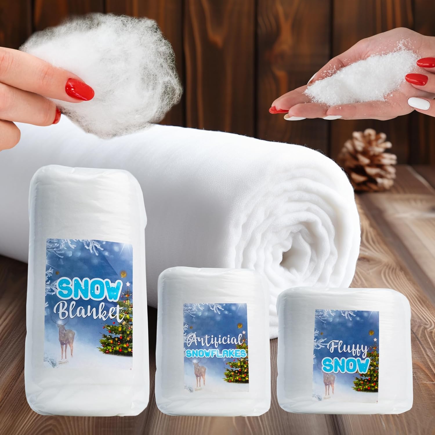 Artificial Snow - Christmas Fake Snow Kit (3-Piece Set) Incl. Snow Blanket Roll 3 x 8 Foot, Cotton-Like Fluffy Snow, Artificial Snowflakes | Decorations for a Christmas Village and Christmas Tree (Nieve Artificial)