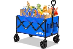 Antifir Collapsible Foldable Wagon with Wheels 360 LBS,Heavy Duty Folding Utility Cart for Groceries,Shopping,Garden,Camping,Outdoor,2 Drink Holders Blue