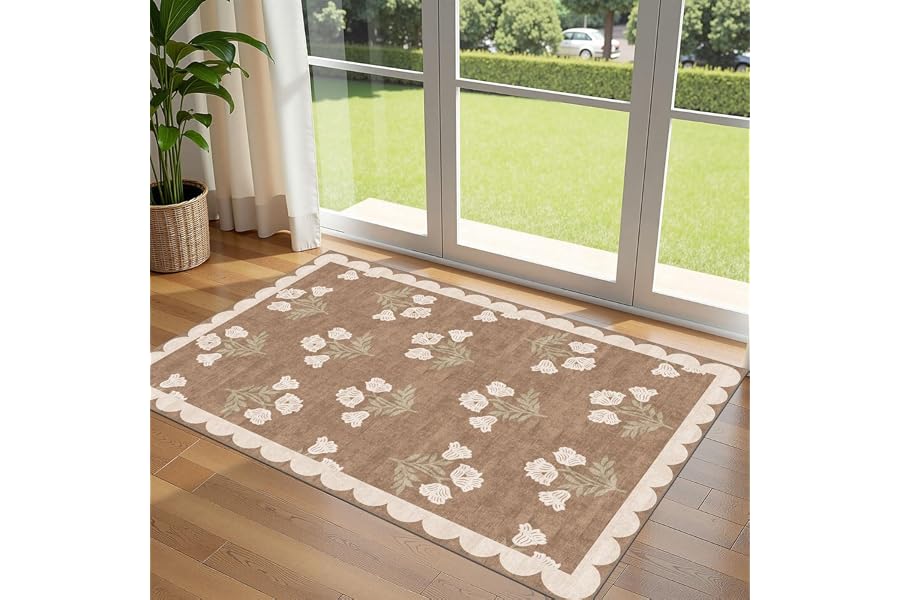 Othilic 3x5 Floral Entry Rug - Small Washable Indoor Outdoor Mats for Front Door Non-Slip Porch Rug Tan Boho Neutral Farmhouse Throw Rugs for Living Room Bedroom Entryway Kitchen Office Porch Decor