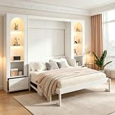 PVWIIK Queen Size Murphy Bed with Storage Shelf &amp; Desk, White | Murphy Bed Save Space &amp; Small Space, Bedroom, Guest Room, Wall Bed Frame Folding into Cabinet Design, LED &amp; Storage Shelf