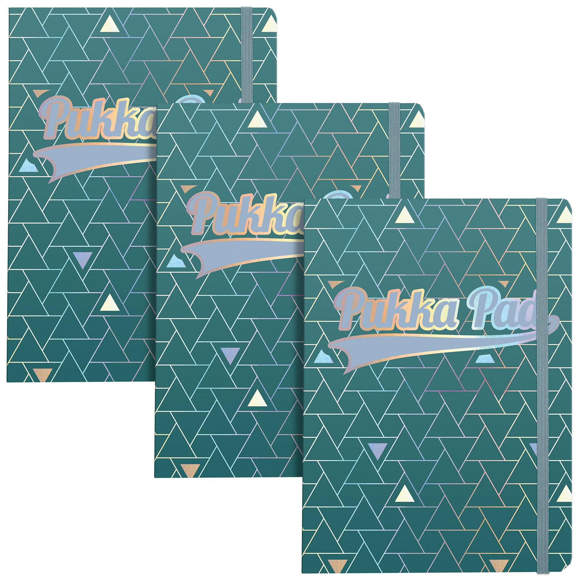 Pukka Pad, A5 Glee Journal - 8.27” x 5.83” - Geometric, Gold-Foil Notebook with Elasticated Closure for School, Work, and Office - Green, 3-Pack