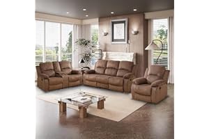 Toseslo Manual Reclining Couch Sofa Set with Drop-Down Table, 3 Pieces Brown Corduroy Recliner Couch Sets, Living Room Furniture Sets, Recliner Sofa with Storage Console/Cup Holder for Home/Apartment