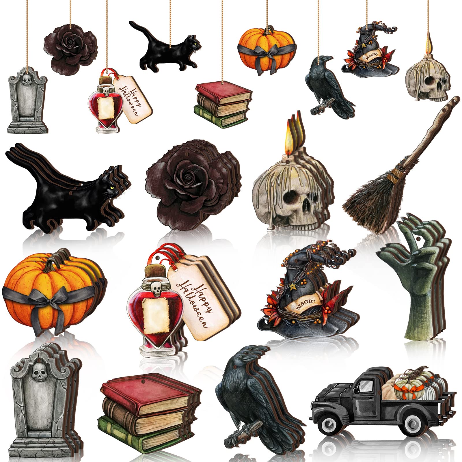 Photo 1 of Maitys 36 Pcs Halloween Wood Ornaments for Tree Gothic Halloween Decorations Skull Black Cat Pumpkin Hanging Signs Witch Hats Finger Crow Wood Cutouts with Ropes for Home Small Tree Party Indoor Decor