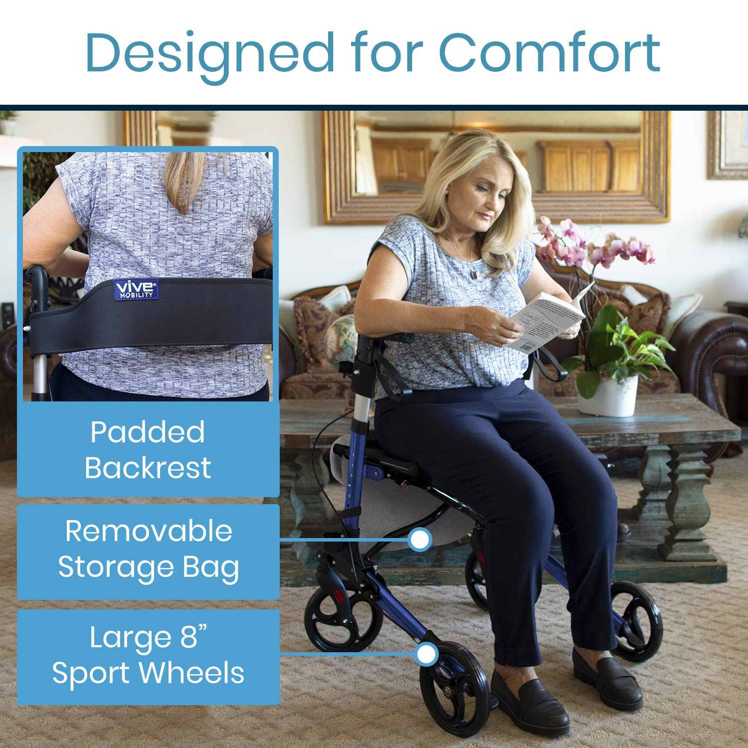 Vive Mobility Rollator Walker - Folding 4 Wheel Medical Rolling Walker with Seat & Bag - Mobility Aid for Adult, Senior, Elderly & Handicap - Aluminum Transport Chair (Blue)
