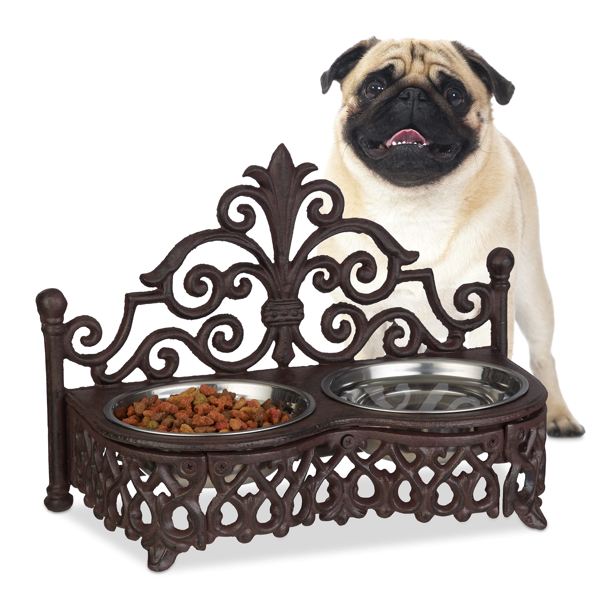 Relaxdays Dog Feeding Station, Antique, Double Removable Style Steel Bowls, Cast Iron, Brown, 23 x 31 x 15 cm
