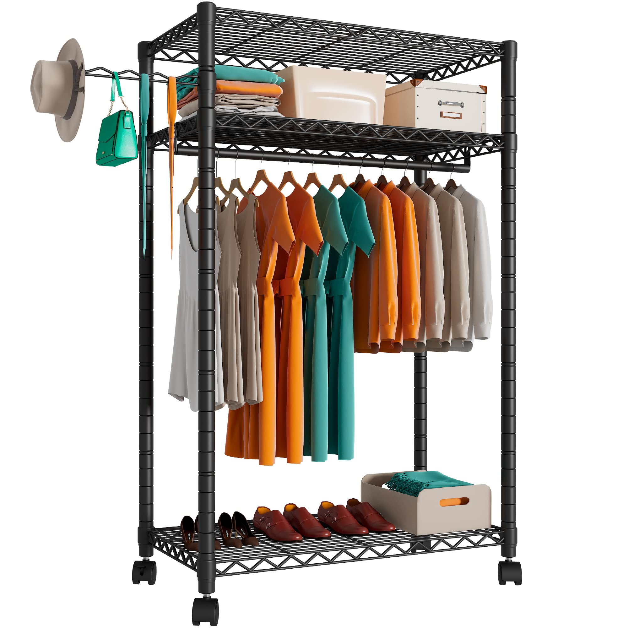 Photo 1 of PUNION Heavy Duty Rolling Garment Rack,Portable Clothes Rack for Hanging Clothes,Clothing Rack,Wardrobe Storage Rack with 3 Shelves,1 Hang Rod,1 Side Hook,36" Lx18 Wx71 H, Max Load 500LBS, Black,GR1