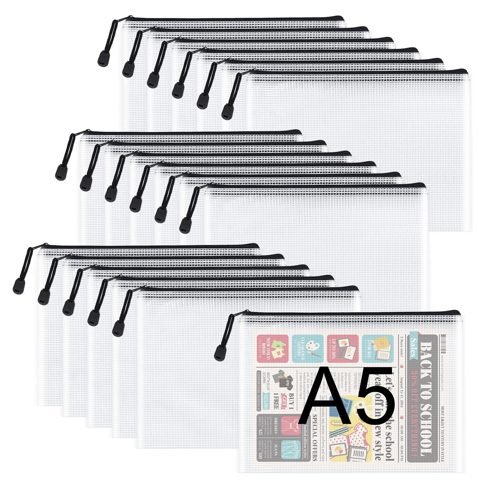 A5 Plastic Zip Folders - 18PCS A5 Mesh Zipper Pouch Plastic Zip Lock Bags Document Wallets File Zipper Bags Travel Storage Pouch for Office Supplies and Travel Accessories