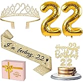 22 Birthday Decorations for Women with 22nd Birthday Sash and Crown, Cake Topper and Candles, Number Balloons, 22 Year Old Gifts for Girls