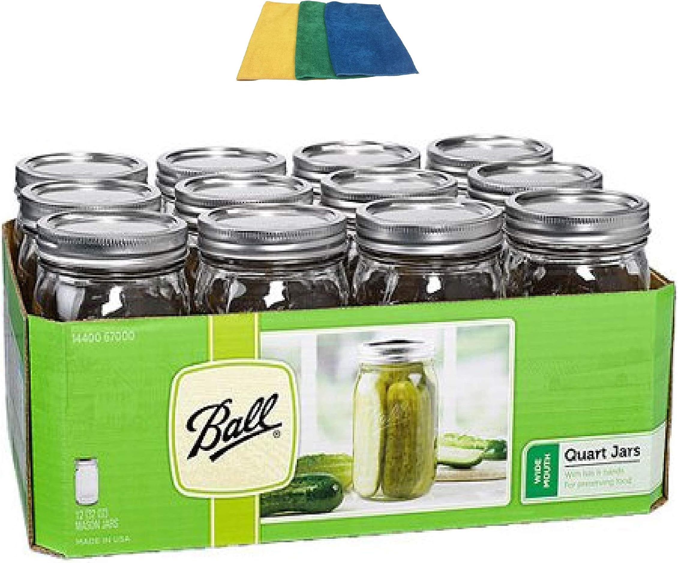Ball Glass Mason Jar with Lid and Band, Wide Mouth,12 Count 32 Ounce + 3 Cleaning Cloth
