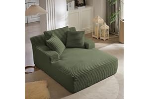 GUANGHONG 50" W Oversized Chaise Lounge Chair Indoor, Upholstered Corduroy Sofa Bed with Arm & 3 Pillows, Deep Seat Boneless Cloud Couch, Reading Chairs for Living Room,No Assembly Required, Olive-Green