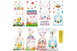 BOEIAC Easter Treat Bags, Easter Cellophane Treat Bags,100 PCS Easter Candy Bags, Easter Cello Goodie Cooikes Gift Bags with 100 PCS Gold Twist Ties for Easter Party Favor Supplies, 4 Assorted Styles