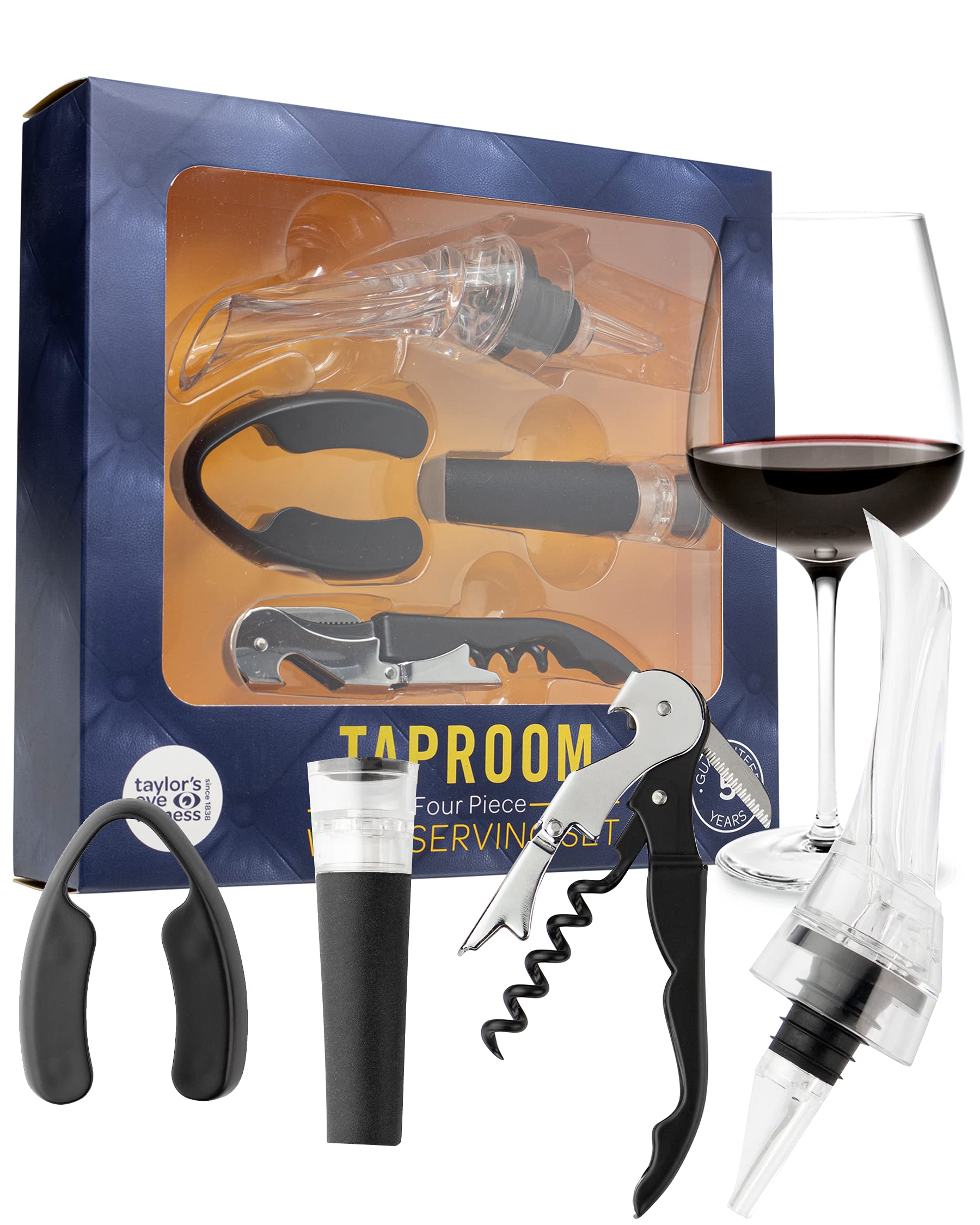 4 Piece Wine Serving Set - Taylors Eye Witness Taproom Range. Foil Cutter, Waiter's Friend Corkscrew Bottle Opener, Wine Aerating Pourer and Vacuum Bottle Stop, 5 Year Guarantee